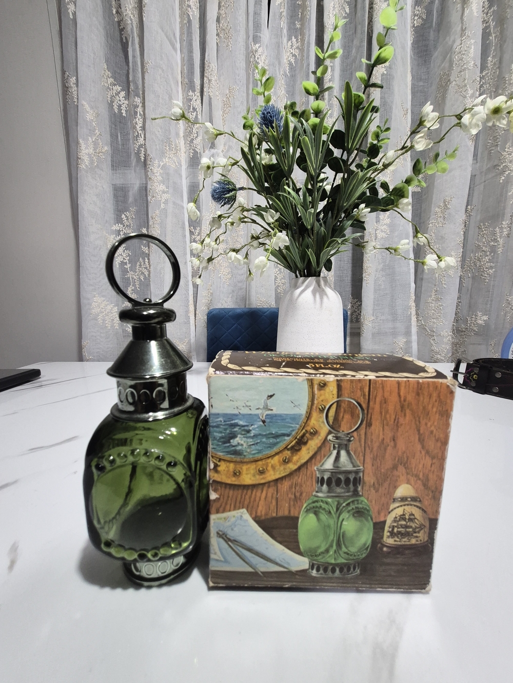 Avon Green Glass Lantern with Silver-Tone Top